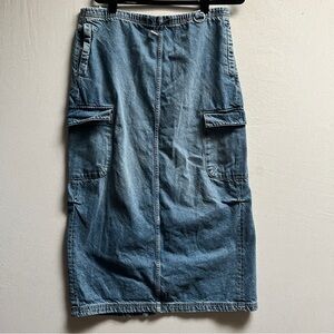 ZARA Denim Cargo Midi Skirt XL Blue Utility Drawstring Waist